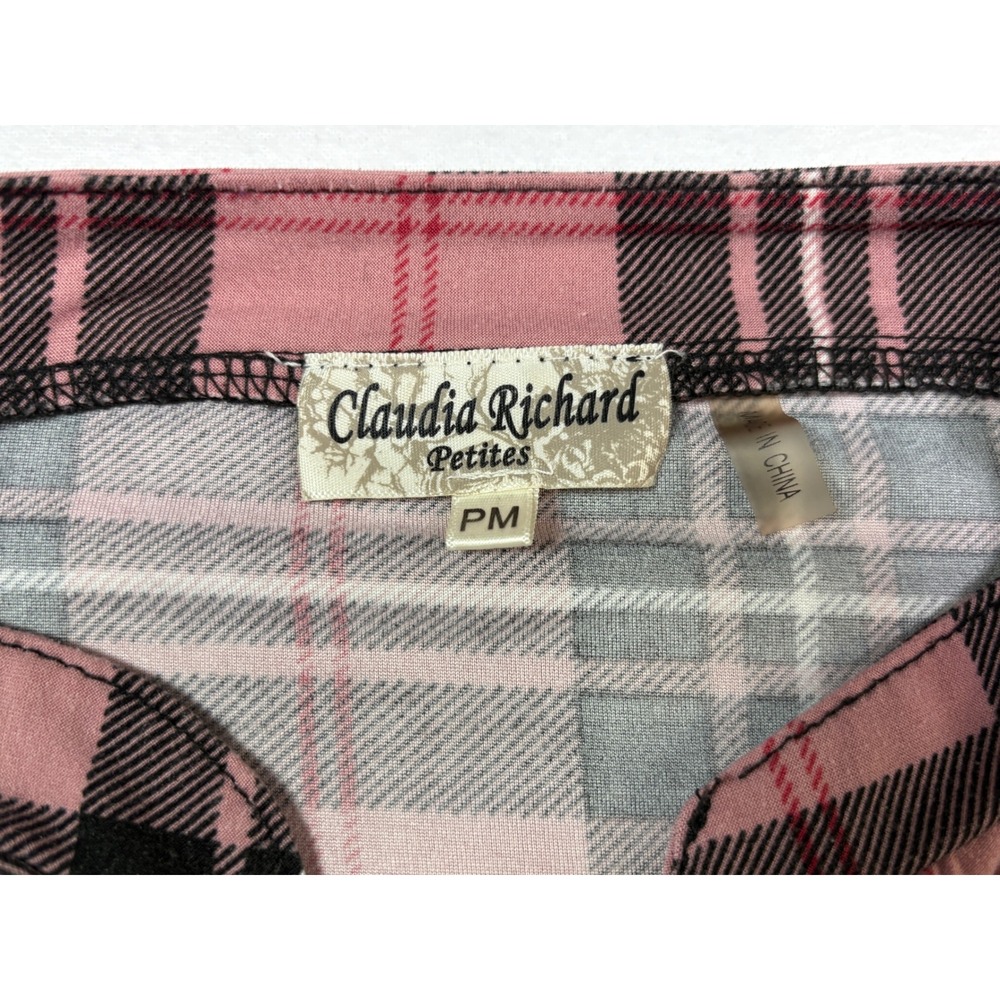 Claudia Richard Petites Pink Black Plaid Henley 3/4 Roll Tab Sleeve Blouse PM - Picture 3 of 6